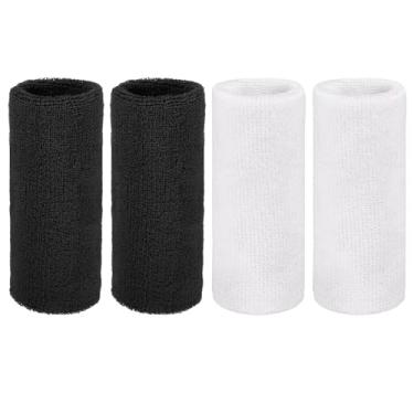 Imagem de YELARXI Pulseiras de suor, pulseiras para esportes de suor 15 x 7,6 cm e pacote com 4 e preto/branco para (tênis/basquetebol/futebol/corrida/malhar/homens e mulheres)