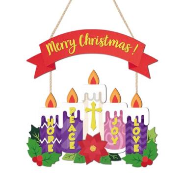 Imagem de TOARTi Feliz Natal para pendurar na parede placa de porta de Natal cristão decoração de natal religiosa vela esperança paz alegria amor sinal de madeira Jesus Natal decoração de pendurar porta