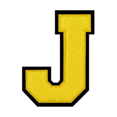 Imagem de 1 PÇ Patch de letra de chenille amarelo de 11,4 cm com borda preta – Remendos do alfabeto para roupas, jaquetas, mochilas, chapéus para decoração personalizada, nome personalizado e artesanato. (J)
