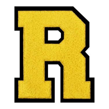 Imagem de 1 PÇ Patch de letra de chenille amarelo de 15 cm com borda preta – Remendos do alfabeto para roupas, jaquetas, mochilas, chapéus para decoração personalizada, nome personalizado e artesanato. (R)