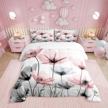 Imagem de Erosebridal Jogo de cama infantil fofo floral rosa, rosa e cinza, para crianças, meninas, boêmio, flores silvestres rústicas, decoração de quarto com 1 fronha, respirável