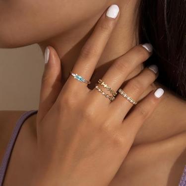 Imagem de 4 peças de anéis de ouro empilháveis para mulheres, não manchados, finos banhados a ouro 14 K, alianças de casamento de compromisso de zircônia cúbica, anéis de noivado empilháveis, conjunto de anéis