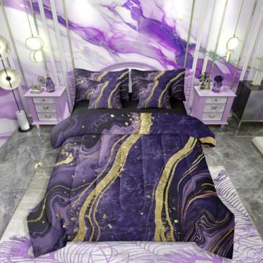 Imagem de Erosebridal Jogo de cama King de mármore roxo de 7 peças para adolescentes e crianças - Conjunto de edredom geométrico moderno chique com lençóis, cama estética marmorizada, em um saco, textura