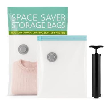 Imagem de Pacote com 2 sacos de armazenamento a vácuo | Sacos de compressão economizadores de espaço para roupas, roupas de cama e edredons, tamanhos grandes + pequenos, reutilizáveis com bomba ou aspirador de