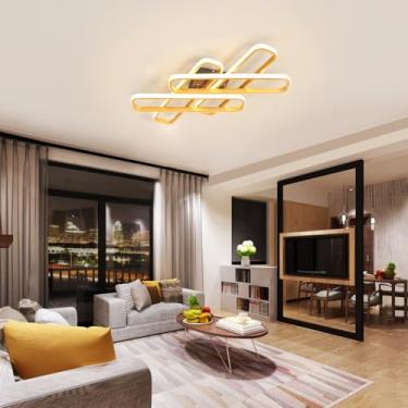 Imagem de Luminária de teto LED dimerizável 3000-6500K com controle remoto, 5 lâmpadas em formato de chama, redondas e retangulares, para sala de jantar, sala de estar, escritório e corredor (Dourada,