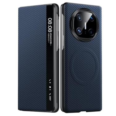 Imagem de FWYANZH Capa de couro para Huawei Mate X7, função de visualização de janela, capa magnética, textura de fibra de carbono, flip fólio, proteção total, estilo de negócios, azul, Mate X7