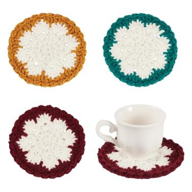 Imagem de Magibeads 3 peças de porta-copos de macramê de poliéster de floco de neve de Natal de 10 cm para copo de vidro cerâmica plástico mup vaso plantas mini decorações colocando proteção de mesa (3 cores)