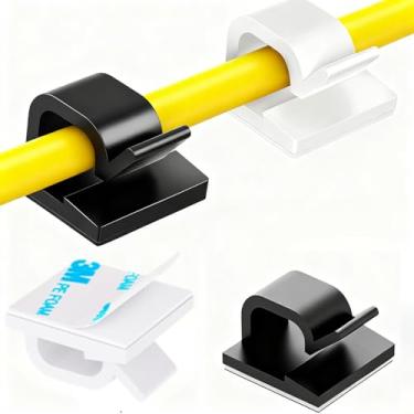 Imagem de [100 peças] Clipes de cabo adesivo (pequeno, branco e preto) clipes de gerenciamento de cabos sob a mesa - clipes organizadores de cabos fortes suporte de fio de parede - clipes de luz ganchos para