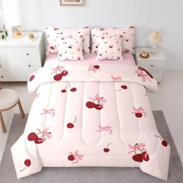 Imagem de Erosebridal Conjunto de cama solteiro com laço rosa, 7 peças, para crianças, meninas, meninos, fita de fada, sonhador, kawaii, cereja em uma bolsa, conjunto de cama de princesa