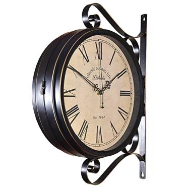 Imagem de Relógio de parede retrô, relógio de parede estilo europeu antigo de dupla face, relógio de parede de escritório, decoração ao ar livre, relógio de parede com decoração de arte antiga, silencioso