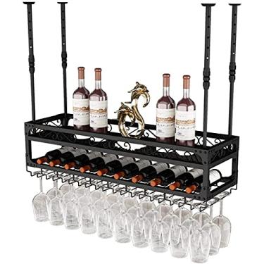 Imagem de Prateleiras de vinho montadas no teto e suporte de vidro, prateleira de vinho industrial ajustável para parede, suporte suspenso de 2 camadas para bar, prateleira de vinho de ferro de metal de 100 cm