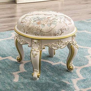 Imagem de Banquetas redondas europeias de luxo esculpidas em tecido bordado com 4 pernas de resina, bancos de descanso para os pés para troca de sapatos, sofá, café, maquiagem, cadeira