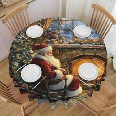 Imagem de Toalha de mesa redonda de Natal Papai Noel para lareira à prova d'água, lavável, 152 cm, capa de mesa circular, protetor de mesa para jantar, cozinha, festa, pátio, decoração interna e externa
