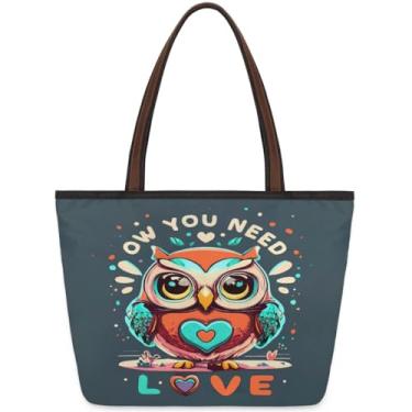 Imagem de hongjinglin Sacola grande para mulheres coruja amor bonito saco de pano de trabalho com zíper reutilizável mercearia bolsa de mão casual viagem pernoite tote bolsas adequadas para viagens, trabalho