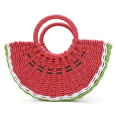 Imagem de QTKJ Bolsa feminina semicírculo de palha de melancia de vime, feita à mão, em formato de fruta, de verão, com alça redonda (melancia vermelha)
