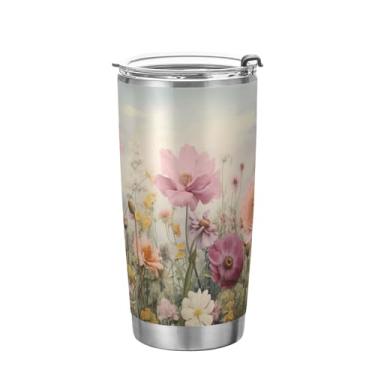 Imagem de xigua Copo de flores silvestres de jardim aquarela com tampa de palha, caneca de viagem a vácuo de parede dupla, caneca de café bem isolada, copo de aço inoxidável para bebidas quentes e frias, 600 ml