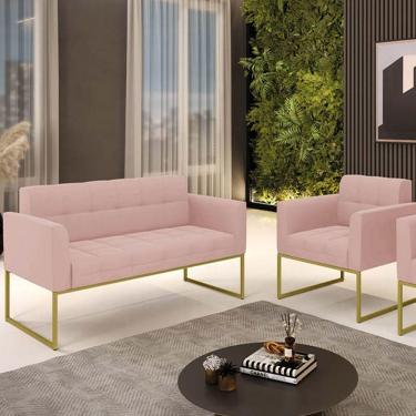Imagem de Kit 1 Sofá Namoradeira E 1 Poltrona Elisa Veludo Rosê Base Metálica Industrial Dourado D03 - D'rossi