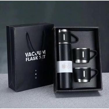 Imagem de Kit Garrafa Térmica Vacuum Flask Set Inox 500ml + 3 Xícaras (Preta)
