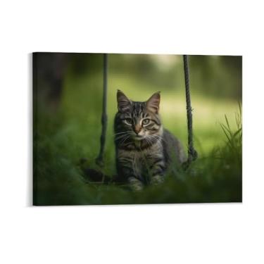 Imagem de HouLaiZhe Cartaz animal gato na grama tela estética pôsteres decoração de quarto pintura de parede galeria sala decoração de parede para quarto sala de estar escritório 18 x 24 polegadas (45 x 60 cm)