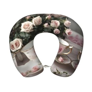 Imagem de Xícaras de chá com rosas românticas estampa gasta leve almofada de pescoço em forma de U espuma viscoelástica pescoço para aviões