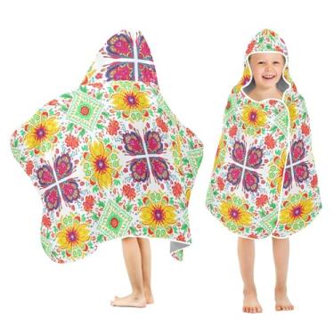 Imagem de Burbuja Toalha de banho com capuz com azulejos de flores coloridas para crianças, toalha de praia de pelúcia macia absorvente para meninas e meninos 3-10 anos, 61 x 127 cm