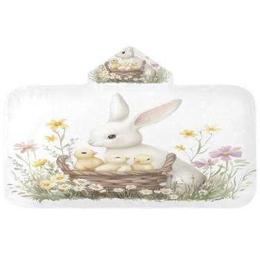 Imagem de Burbuja Toalha de banho com capuz de coelho com flores ovos para crianças, toalha de praia de pelúcia macia absorvente para meninas e meninos 3-10 anos, 61 x 127 cm