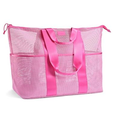 Imagem de Fit & Fresh The Shore Thing Bolsa de praia de malha de grau marítimo com bolsos - Bolsa à prova d'água à prova de areia, sacola leve dobrável, bolsa de viagem GG, essenciais para férias na praia, rosa