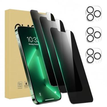 Imagem de Pacote com 3 protetores de tela de privacidade para iPhone 13 Pro Max de 6,7 polegadas com 3 protetores de lente de câmera, película de vidro temperado antiespião, antiarranhões, sensível ao toque