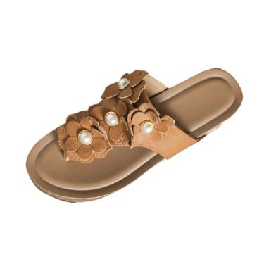 Imagem de Pantufas femininas de salto plataforma de flor para uso casual e versátil primavera verão moda lazer ao ar livre sem caixa de sapatos, Marrom, 35
