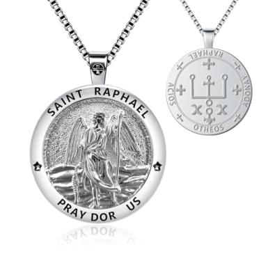 Imagem de OigvcoTe Colar com pingente de São Rafael, medalha de cobre banhada a platina, medalhão religioso de 5 cm com corrente de 55 cm, prata, caixa de presente, 44 Millimeters, Metal, Zircônia cúbica