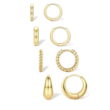 Imagem de Jstyle Brincos pequenos de argola de ouro para mulheres, modernos banhados a ouro 14 K, conjunto de brincos de argola de prata hipoalergênicos, conjuntos de brincos delicados de cartilagem grossa para