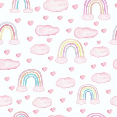 Imagem de CHIHUT Papel de parede pastel arco-íris coração nuvem para quarto de meninas 45 x 254 cm papel de contato arco-íris colorido autoadesivo infantil para quarto sala de jogos decalque de parede de vinil