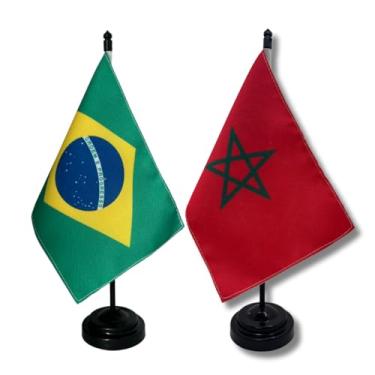 Imagem de Kit Bandeira de Mesa Brasil e Marrocos, Dupla Face, 19x13cm, Base Plástica Preta, Altura 26cm, Tecido Oxford, Decorativa para Escritório, Eventos e Festas
