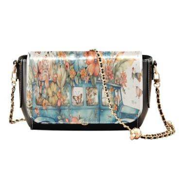 Imagem de GAIGEO Libélula em guirlanda turquesa em bolsa transversal preta com bolso, bolsas tiracolo femininas de couro, Caminhão azul com flores de borboleta, One Size