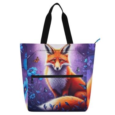 Imagem de GAIGEO Bolsa de trabalho feminina com flores de raposa laranja e borboleta, lona, praia, escola, presente para professores, para amantes de livros