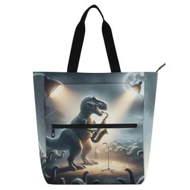 Imagem de GAIGEO Dinossauro músico bolsas de trabalho engraçadas para mulheres tote lona praia livro bolsa zíper professores presente para amantes de livros bolsas
