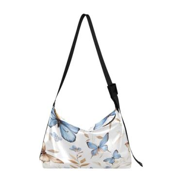 Imagem de Bolsa tiracolo grande de couro com macieiras de outono, bolsa tiracolo moderna, bolsa masculina de couro, Borboletas com azul e marrom - 1, One Size