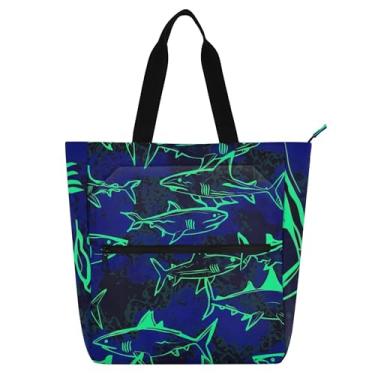 Imagem de GAIGEO Bolsas de trabalho femininas azul neon oceanic Sharks Tote Canvas Beach School Tote Bag Bolsas de professor com compartimentos