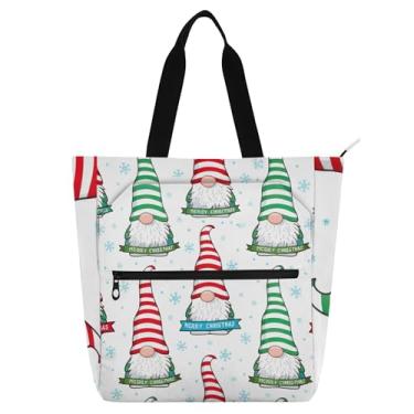 Imagem de Bolsa feminina listrada de Natal com gnomos fofos, bolsa de trabalho de lona, praia, livros, bolsa carteiro com zíper, presente para amantes de livros