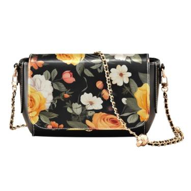 Imagem de Bolsa tiracolo feminina de couro floral vintage com flores amarelas e laranjas, bolsas transversais de couro para mulheres modernas, Rosa laranja e flor amarela - 2, One Size