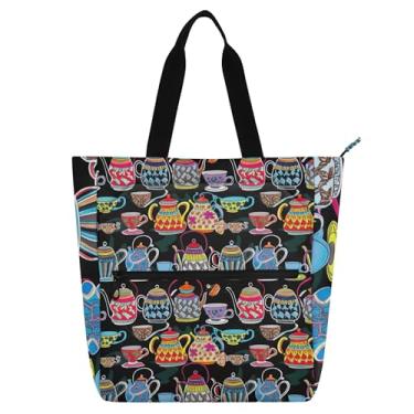 Imagem de Xícaras de chá, sacola feminina de azulejo preto vibrante, bolsa de tecido de lona, bolsas para professores, professores, livros, presentes