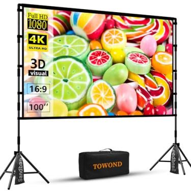 Imagem de TOWOND Tela do Projetor com Suporte, Tela do Projetor Externa de 100 Polegadas Tela de Projeção Interna Portátil 16:9 Tela de Filme Frontal Traseira 4K com Bolsa de Transporte para Home Theater