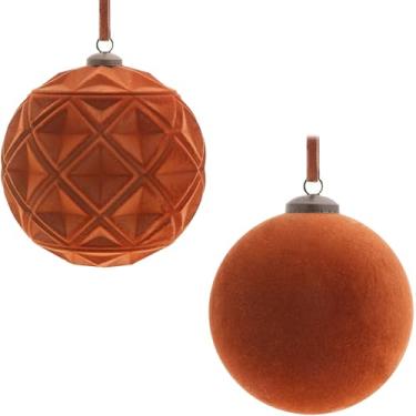 Imagem de Conjunto de 2 peças de enfeites de bola de Natal de veludo extra grande 15 cm marrom flocado para árvore de Natal com 10 peças de laços de veludo, decorações de Natal inquebráveis para escritório em