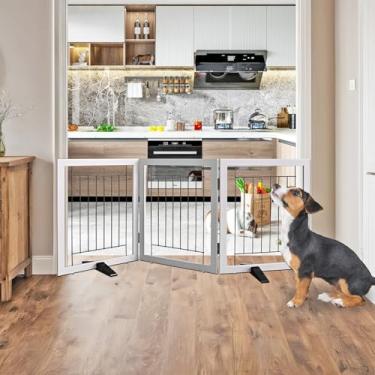 Imagem de Cerca interna para cães – Portão independente para cães com 3 painéis para portas, corredores, casa ou escadas - animal de estimação de madeira expansível retrátil de 152 x 61 cm da SFJC (cinza)