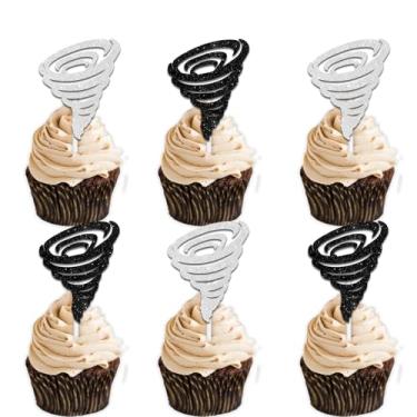 Imagem de 18 peças Glitter Preto Prata Espiral Tornado Cupcake Topper Cheer to Whirlwind Tema Clima Decoração de Aniversário para Homens Mulheres Feliz Aniversário Decoração Suprimentos