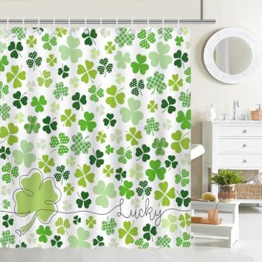Imagem de Mocsicka Cortina de chuveiro Dia de São Patrício trevo verde trevo dia de São Patrício cortina de chuveiro de tecido impermeável cortina de chuveiro decoração de banheira com 12 ganchos 182 x 182