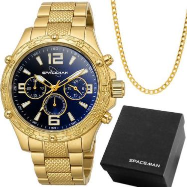 Imagem de Kit Relógio Masculino Analógico Dourado Mostrador Preto com Corrente G