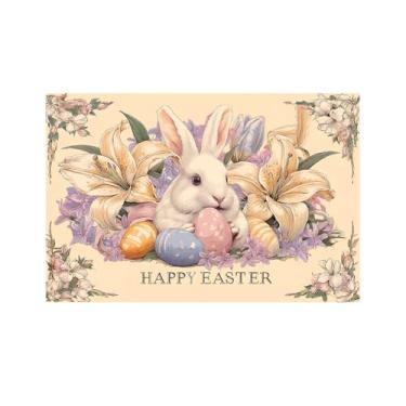 Imagem de Tapete de entrada de 2 x 3 m vintage coelhinho da páscoa tapete floral para área interna, lavável, antiderrapante, tapetes para porta da frente para hall de entrada