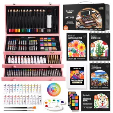 Imagem de Shuttle Art Kit de arte de presente de luxo, conjunto de 202 peças de materiais de arte de madeira com 4 blocos de desenho, telas, folhas de colorir, tinta acrílica, giz de cera, pastéis a óleo, lápis