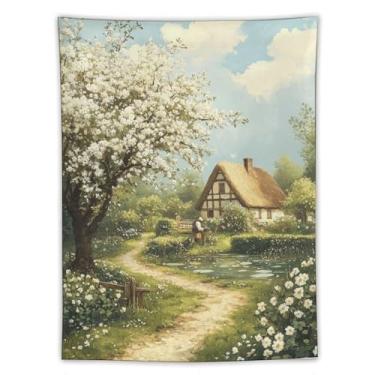 Imagem de Tapeçaria de casa de campo de colmo de primavera, pintura a óleo, caminho de árvore branca, decoração de jardim rural pitoresco para sala de estar, quarto, decoração de arte de natureza sazonal